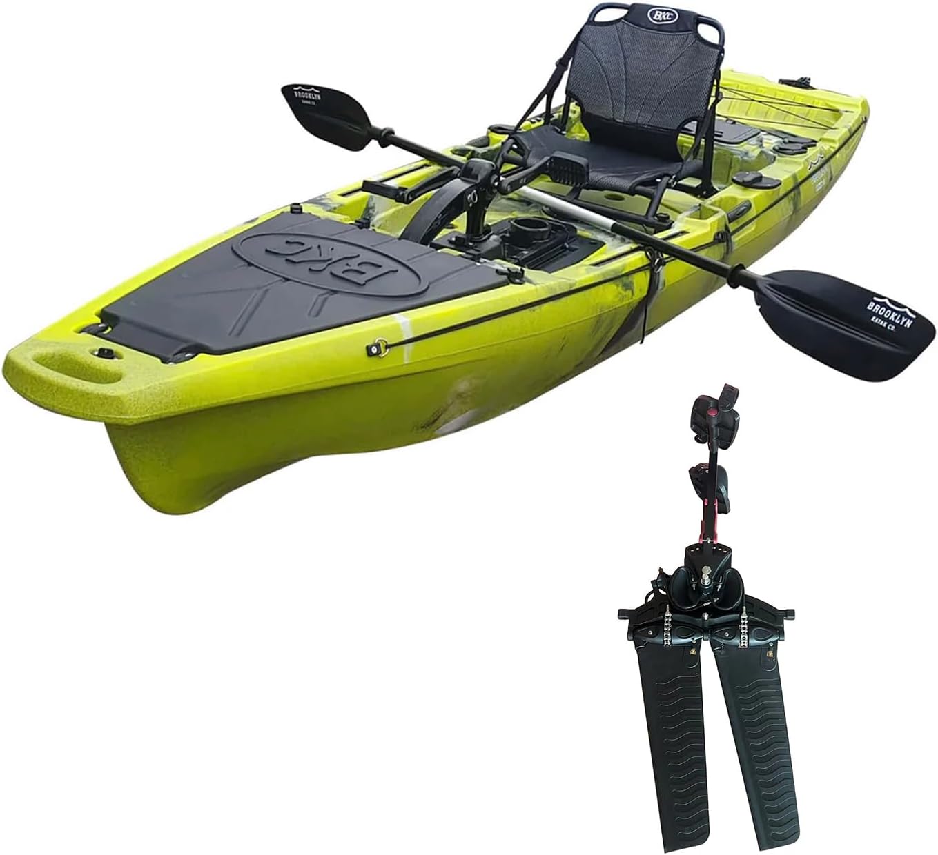 BKC Brooklyn 12.5 Pro Pedal Fishing Kayak, Propeller Drive | Hands-free propeller drive, rudder steering, 550 lb capacity, dry storage, rod holders, 12.5 ft sit-on-top hull