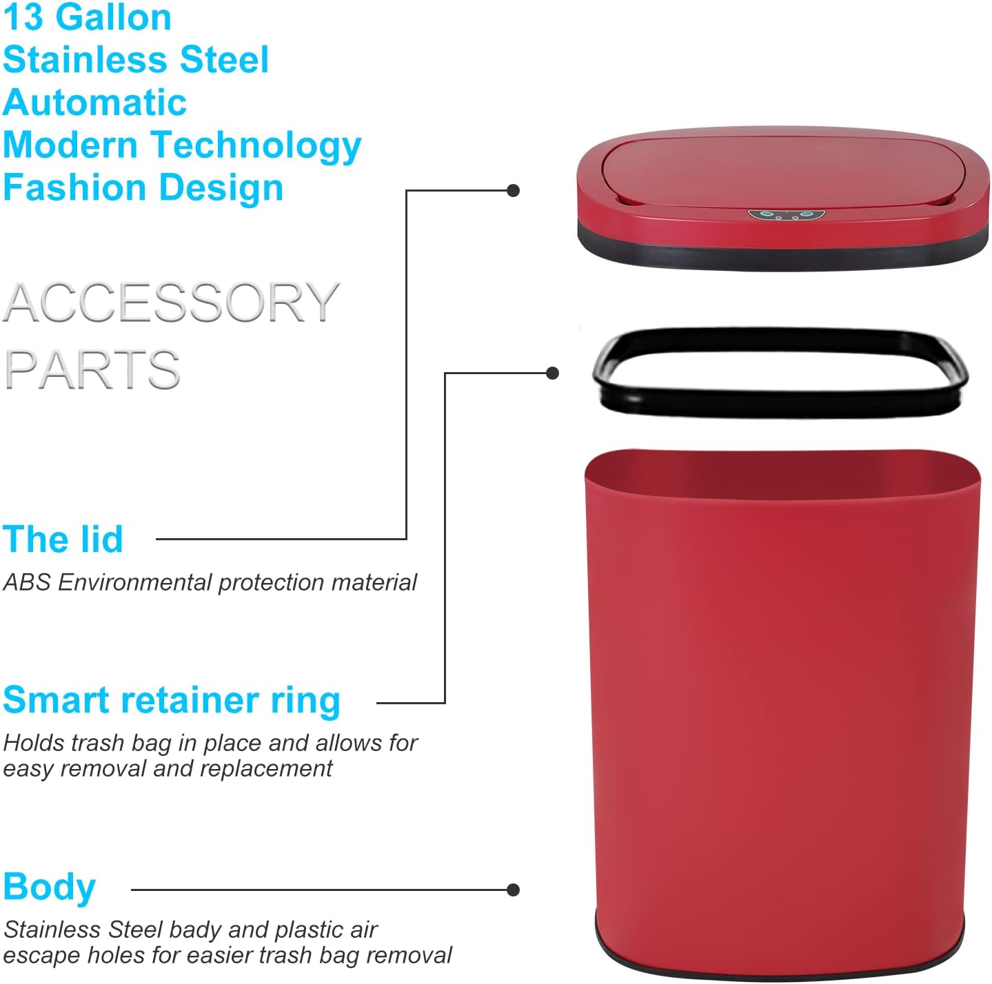 Kitchen Trash Can | Stainless Steel 13 Gallon Trash Can | 50L Touch Free Garbage Can with Lid | Electronic Sensor High Capacity Trash Bin for