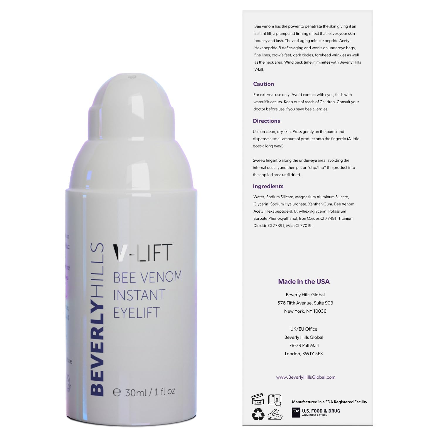 Beverly Hills V-Lift Instant Eye Lift and Eye Tuck Bee Venom Serum for Puffy Eyes, Dark Circles, Wrinkles