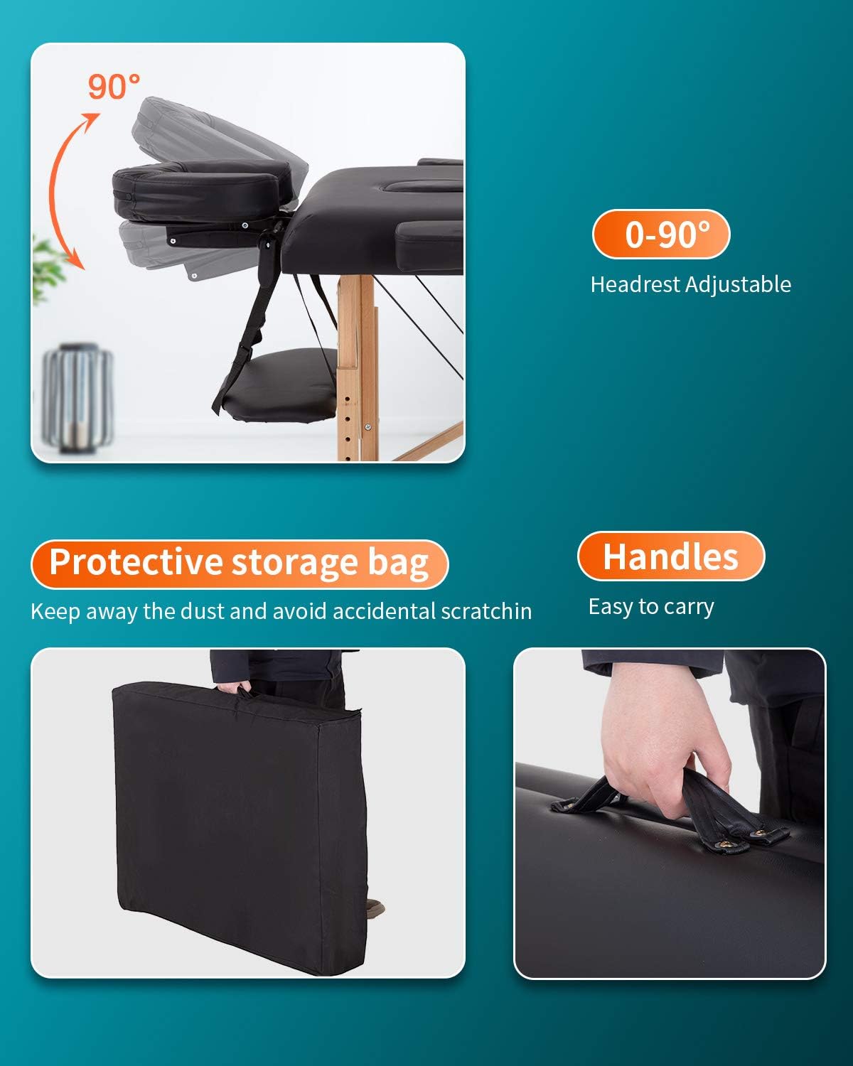 BestMassage | Portable Massage Table | 24" Wide, Black PU Leather | Lightweight, 2-Fold Massage Table with Height Adjustment, 450lbs Capacity, Carry Bag | For Massage, Facial, Tattoo, Home, Spa