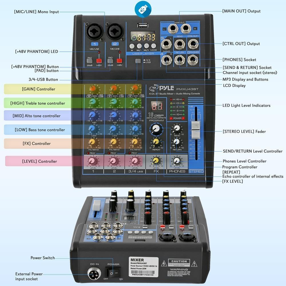Pyle 4 Channel Audio Mixer with Bluetooth - DJ Sound Board Controller - USB Computer Input - Built-in MP3 Player - 48V Phantom Power - 3 Band EQ