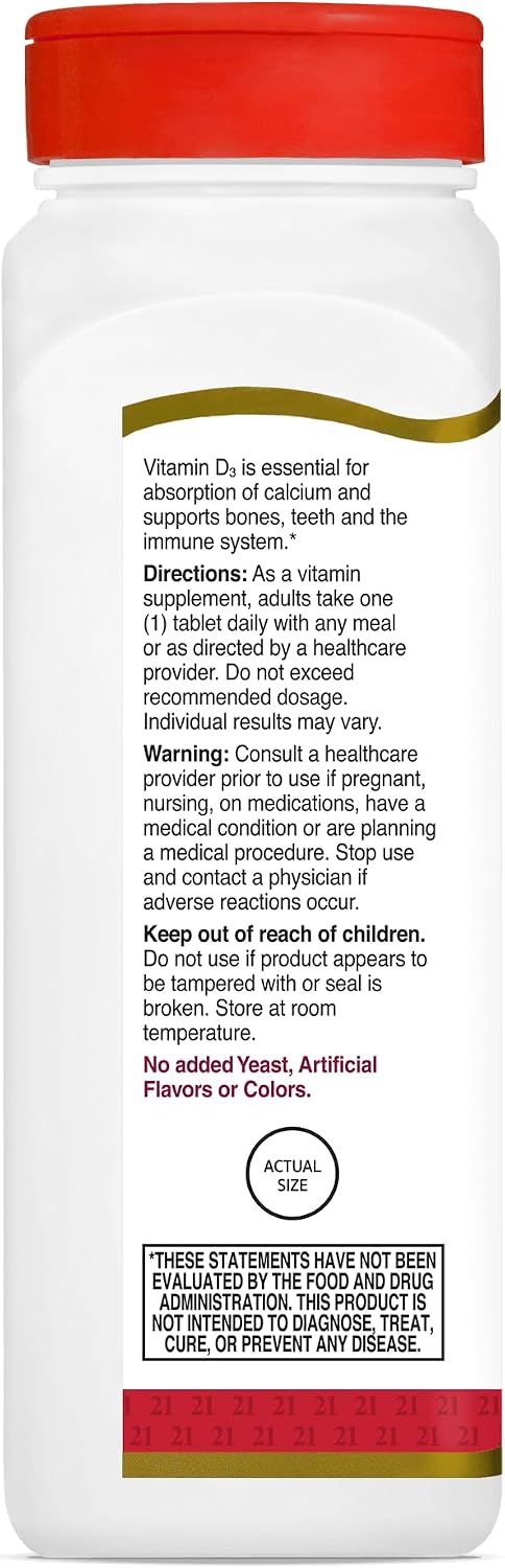 21st Century Vitamin D3 1000 IU Tablets, Bone & Immune, 500 Count | Vitamin D3 1000 IU Tablets