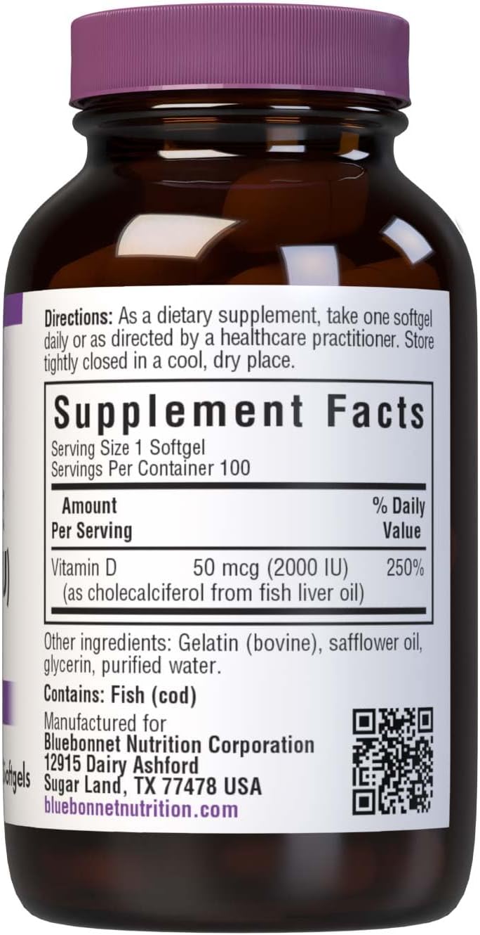 BlueBonnet Nutrition Vitamin D3 2000 IU, 100 Softgels | Strong Bones & Immune Support; Non-GMO