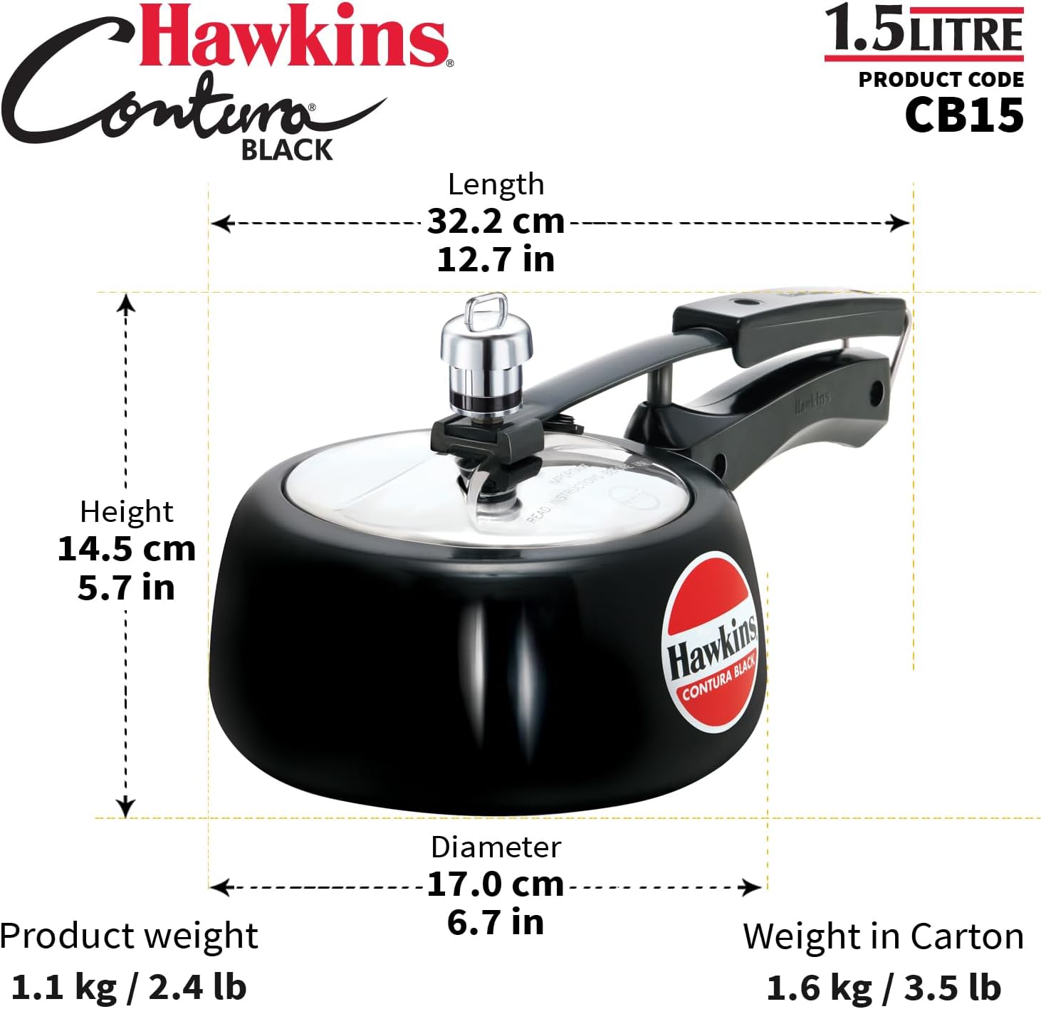 Hawkins 3.5 Litre Contura Black Pressure Cooker, Hard Anodised Inner Lid Cooker, Handi Cooker, Black (CB35)