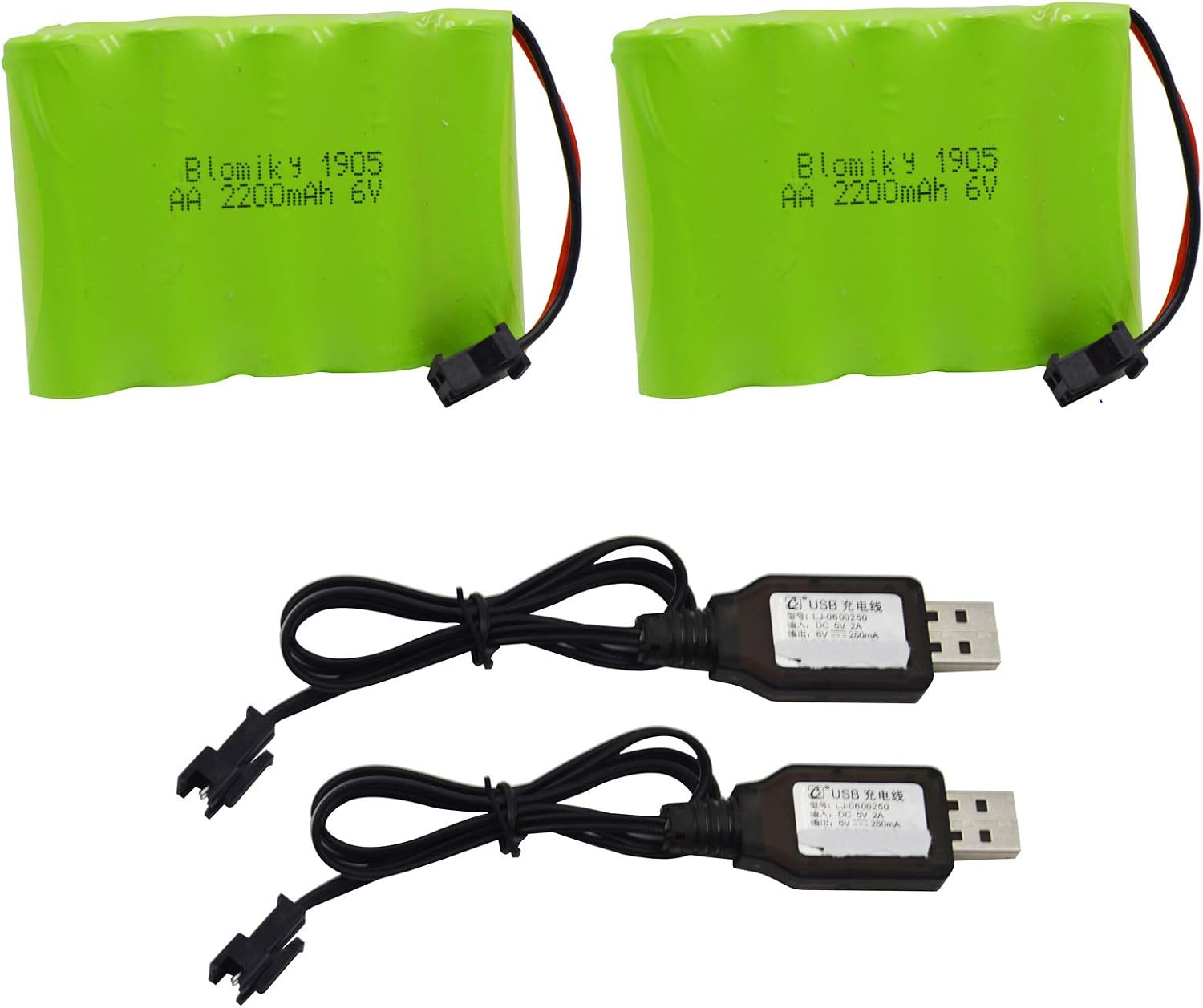 Blomiky 2 Pack 6.0V 2200mAh NiMH Rechargeable Battery with SM-2P Black 2 pin Plug and USB Cable fit for RC Car Vehicles Trucks 6V NiMh 2