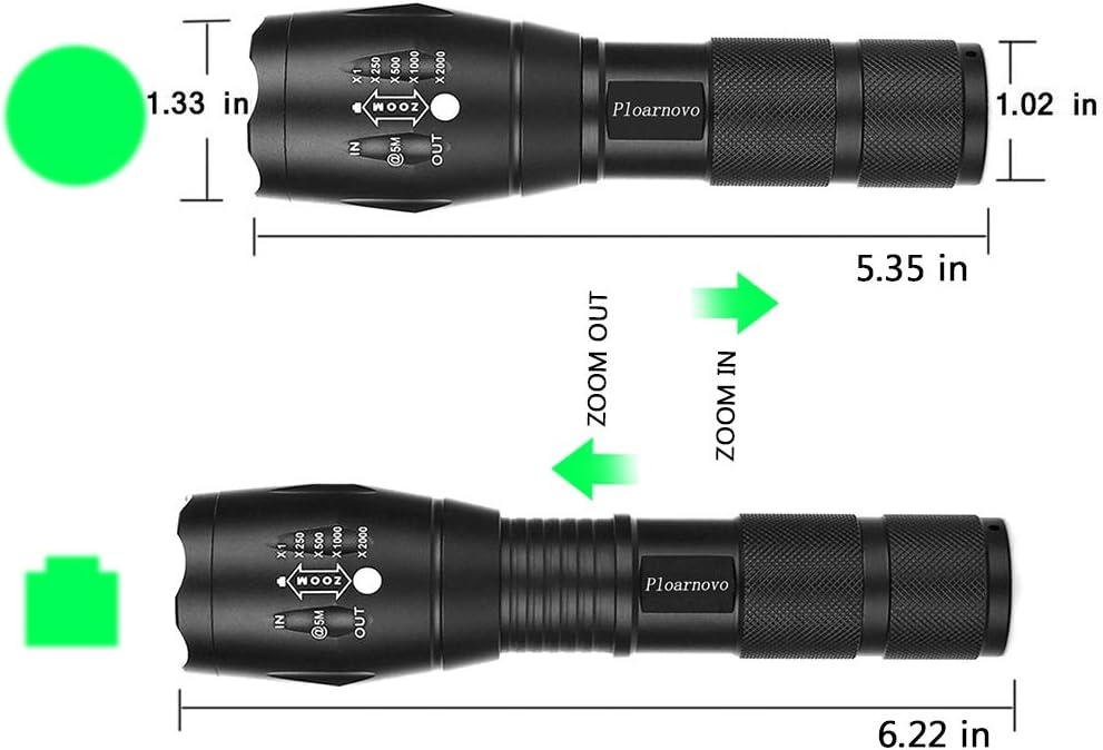 Hunting Flashlight - Green LED Handheld Light - Zoomable, Water & Shock Resistant Night Hunting Lights for Fishing, Hog, Pig, Coyote, Varmint