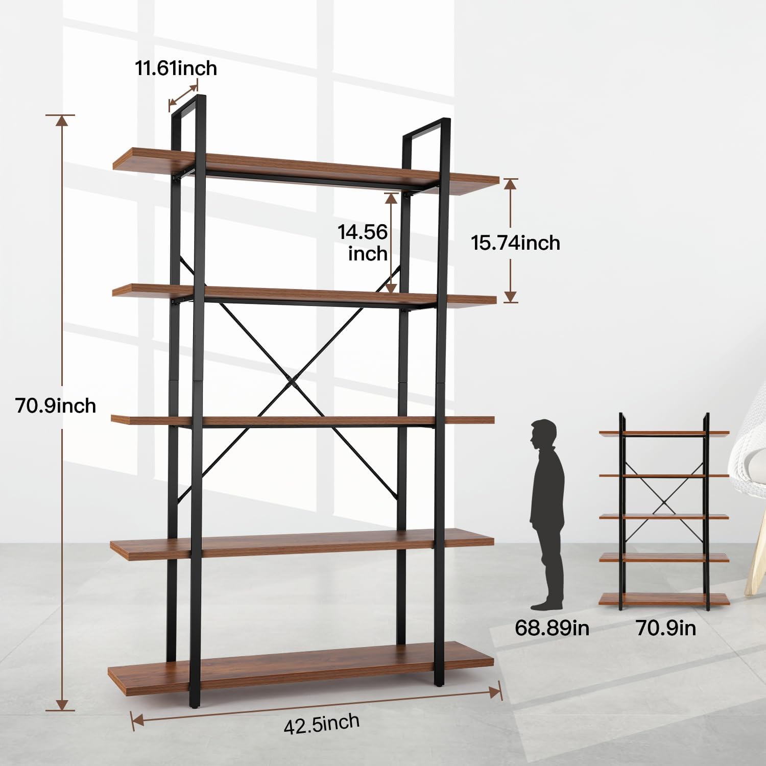BATHWA Wood and Metal Minimalist 5 Tier Bookshelf, 6 feet Tall Open Rustic Wide Bookcase Industrial Style