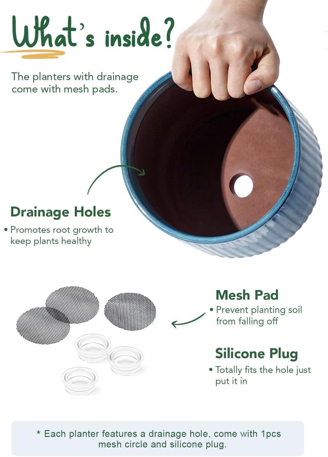 LE TAUCI Ceramic Plant Pots with Drainage Holes, Set of 3, 8+6.7+5.5 Inch Stripe Garden Planter Pots for Outdoor Indoor Plants Flower