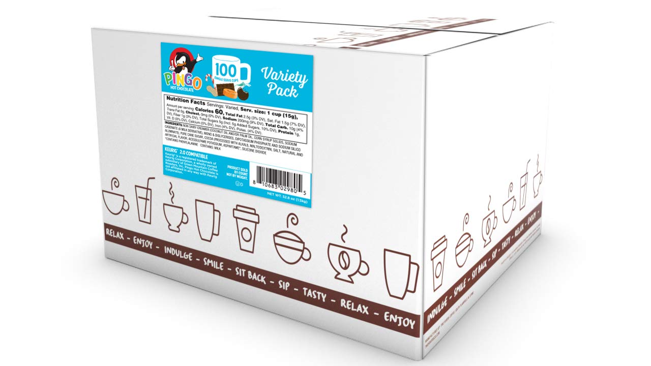 Pingo Hot Chocolate Pods for Keurig KCup Brewers, Assorted Cocoa Variety Pack, 100 Count