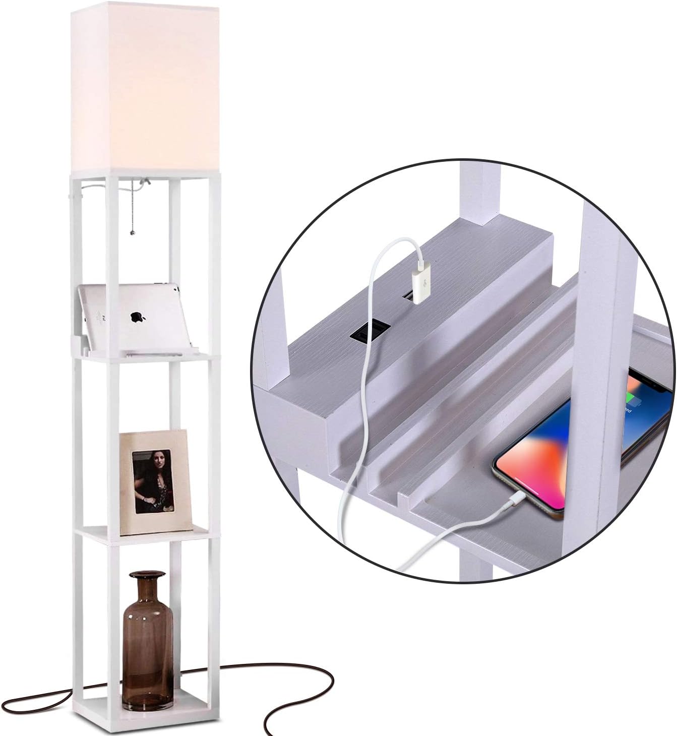 Brightech Maxwell Charger - Modern Shelf Floor Lamp with USB Charging Ports & Electric Outlet - Corner Display Floor Lamps with Shelves for Living