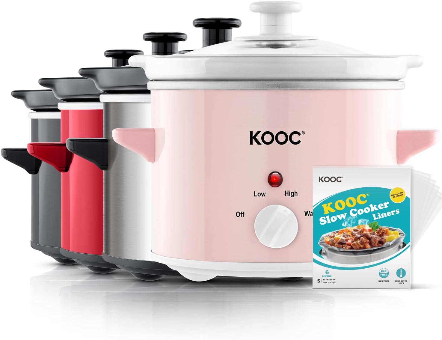 KOOC Small Slow Cooker, 2-Quart, Free Liners Included for Easy Clean-up, Upgraded Ceramic pot, Adjustable Temp, Nutrient Loss Reduction