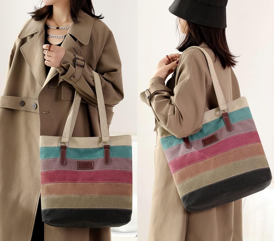 Canvas Handbag Multi-Color Striped Lattice Cross Body Shoulder Purse Bag Tote-Handbag for Women