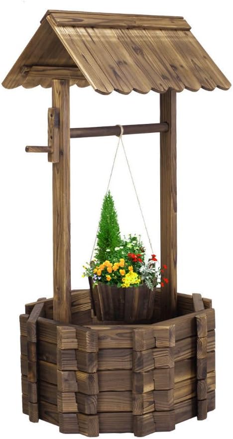 Wishing Well Rustic Fir Wood Bucket Planter Yard Garden Lawn Wooden Wedding New