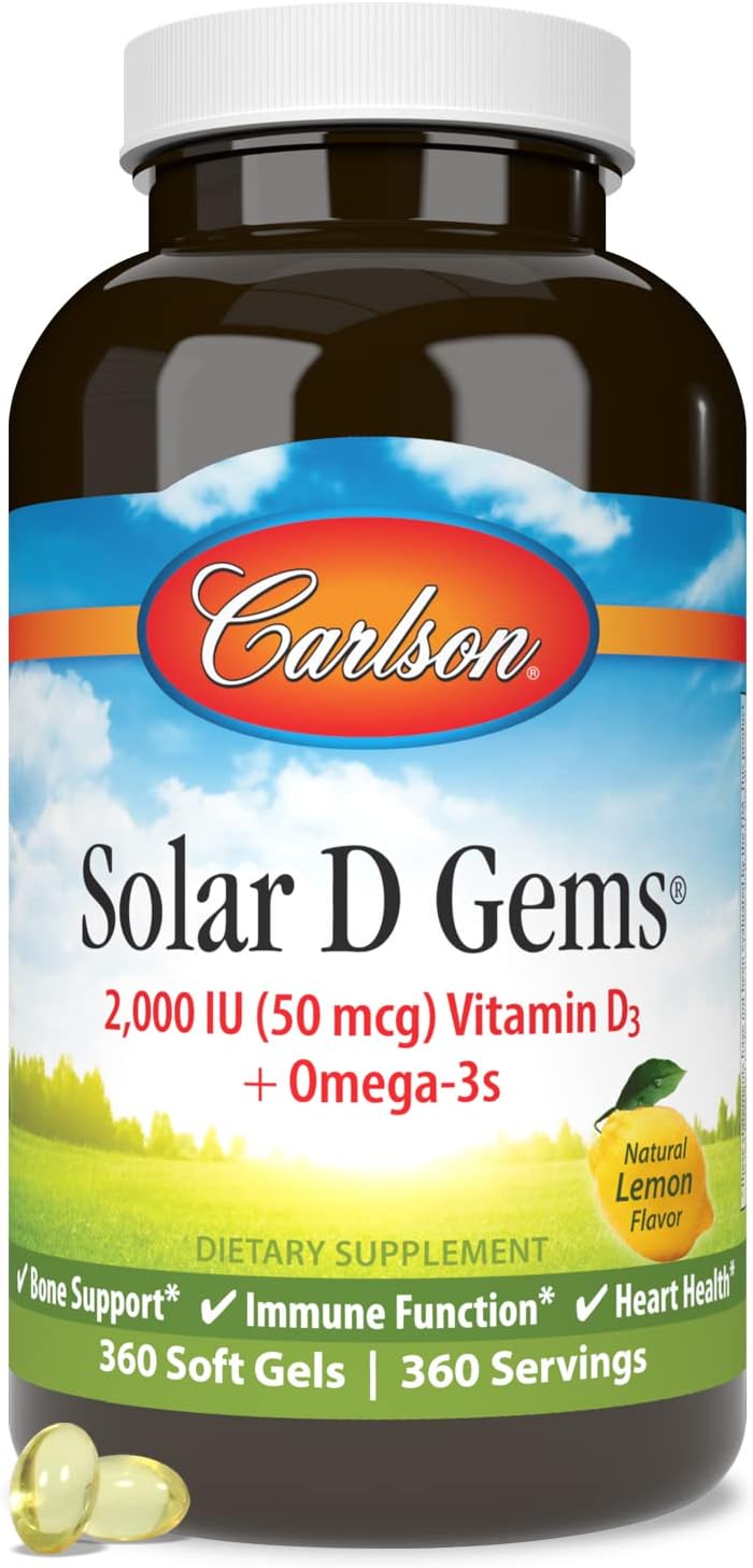 Carlson Solar D Gems, 2000 IU (50 mcg) Vitamin D3, Lemon, 360 Softgels | Vitamin D3 and Omega-3 Supplement, 115 mg Omega-3s EPA and DHA Supplement