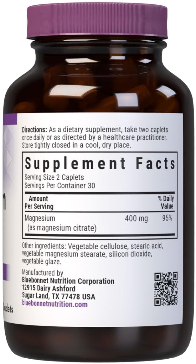 Bluebonnet Nutrition Magnesium Citrate, 400mg of Magnesium, Maximum Absorption, Supports Immune Health & Energy Production*, Soyfree, Gluten-Free, Non-GMO, Kosher, Dairy Free, Vegan, 120 Caplets | Supports Immune Health & Energy Production; Non-GMO, Vega…