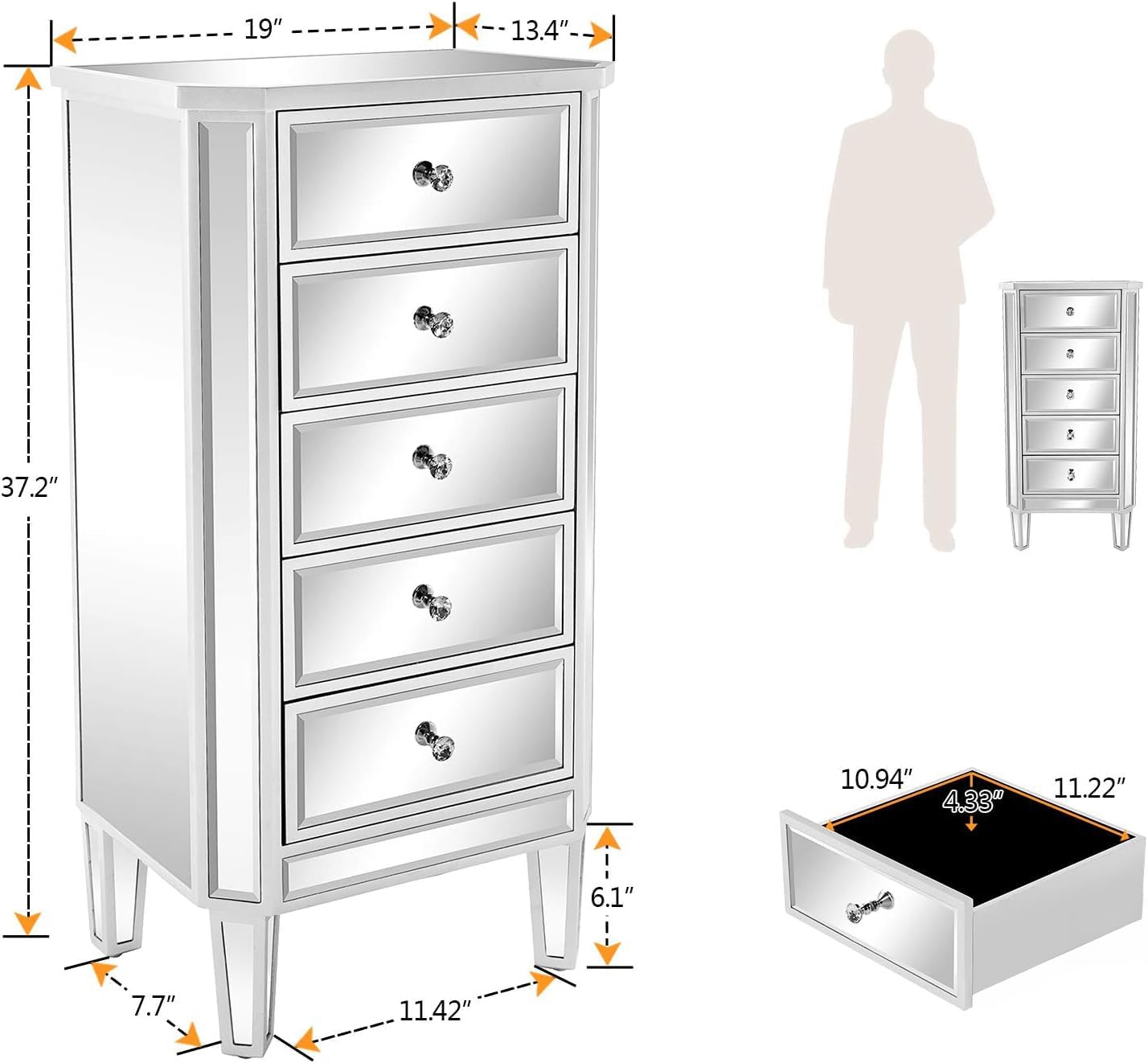 VINGLI Mirrored Dresser 5 Drawers Modern Chest, Mirrored Chest of Drawers, Glass Dresser for Living Room, Silver