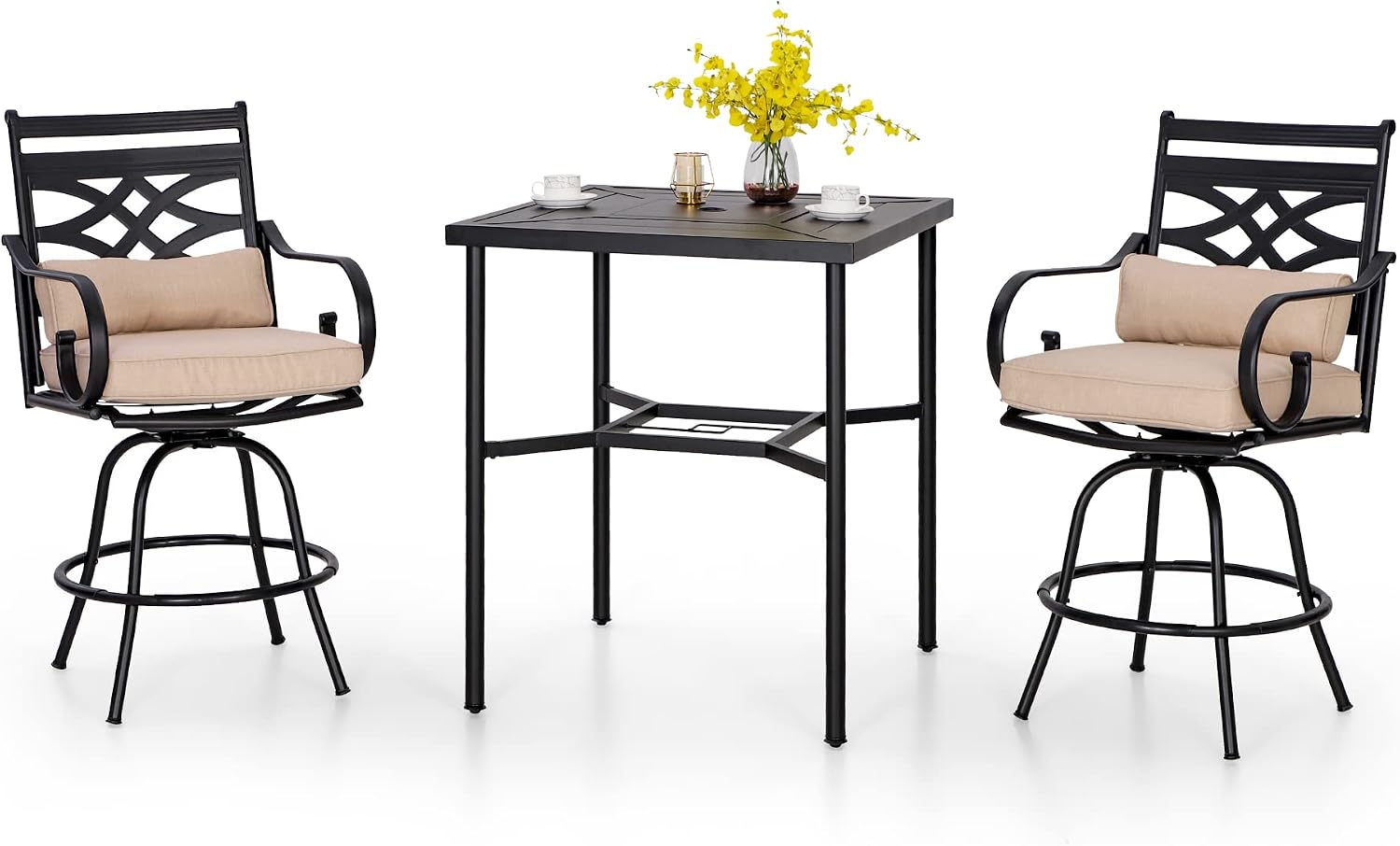 PHI VILLA Outdoor Bar Set 3 PCS Patio Bistro Table & Swivel Stools