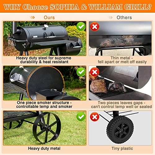 Sophia & William Vertical Offset Charcoal Smoker 961 SQ.IN. Cooking Area | Extra Large Heavy-Duty Outdoor BBQ Gill Offset Smoker with Warming Tray, Push-out Ash Tray for Outdoor Cooking, Black