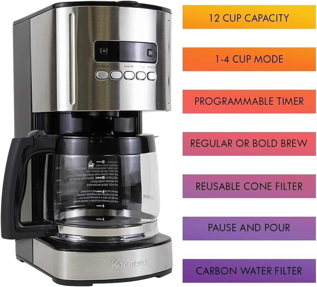 Kenmore Coffee Maker 12 cup Drip Coffee Machine Reusable Filter Programmable Timer Digital Display Aroma Control Glass Carafe Charcoal Water Filter