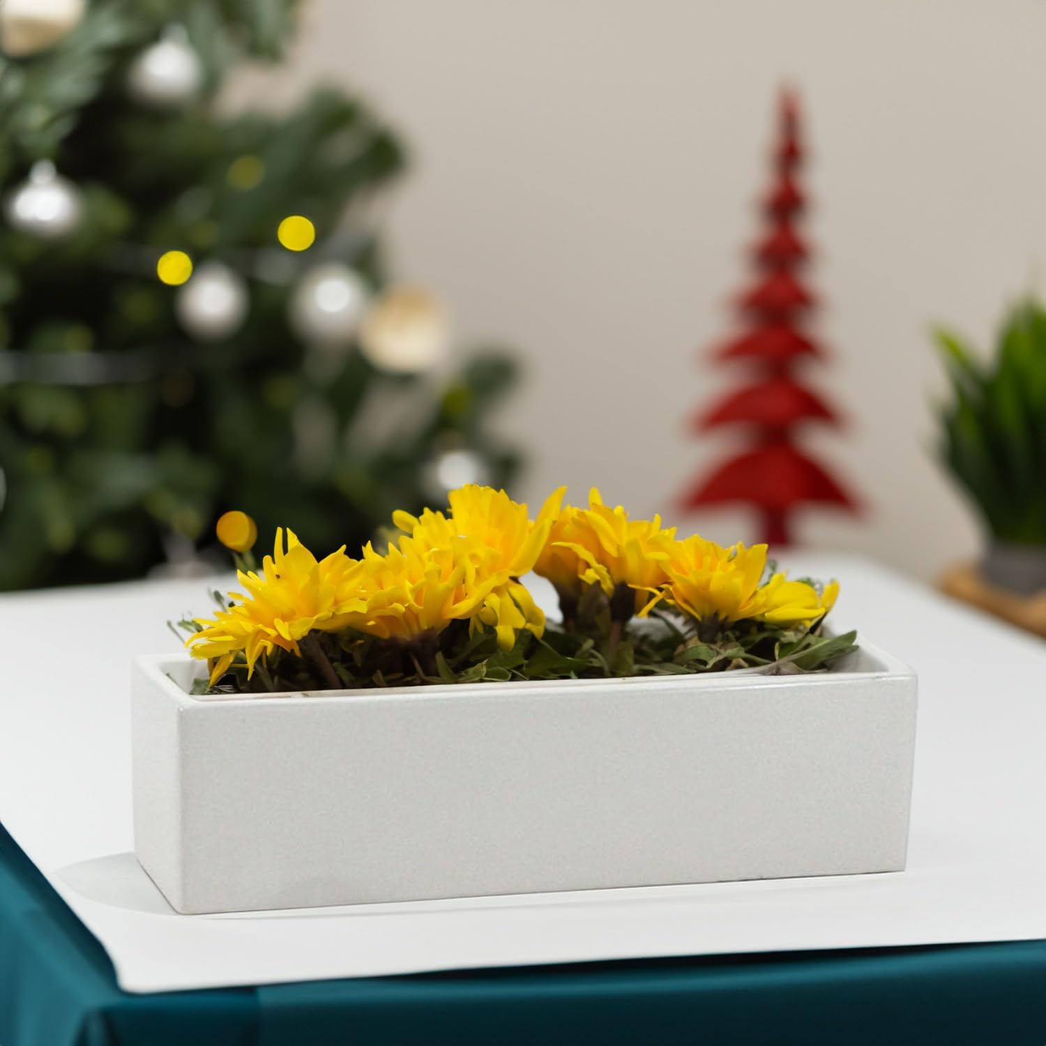 WGVI Long Rectangle Ceramic Planter Vase in White 14" x 4" x 4"H, Rectangular Box Block Terrarium Pot, Flower Arrangement, Tabletop Centerpiece