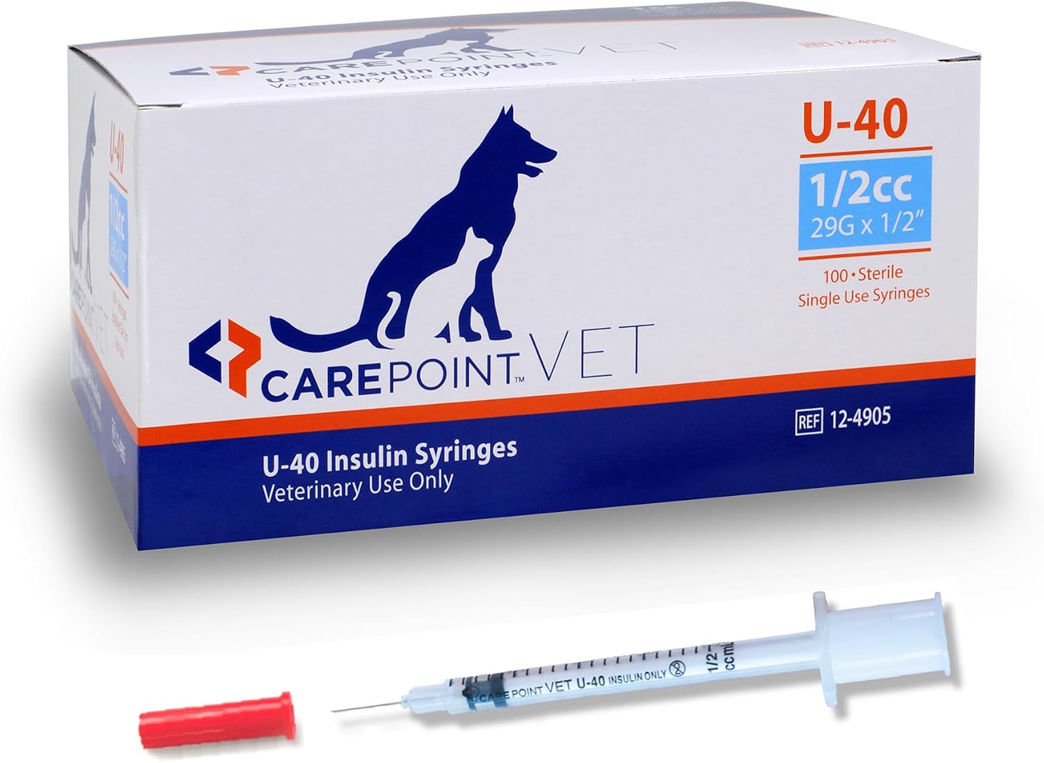 Carepoint Vet U-40 Pet Insulin Syringes, 29G x 1/2" 1/2cc, Comfortable Injection, Bold Permanent Markings for Accurate Dosage, Disposable, Box of 100
