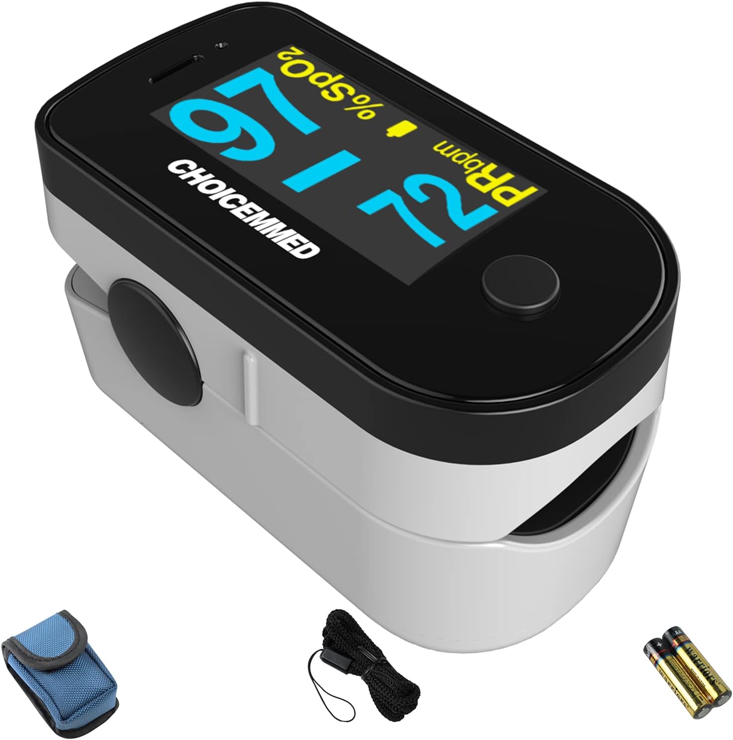 CHOICEMMED Black Dual Color OLED Finger Pulse Oximeter - Blood Oxygen Saturation Monitor with Color OLED Screen Display and Included Batteries - O2
