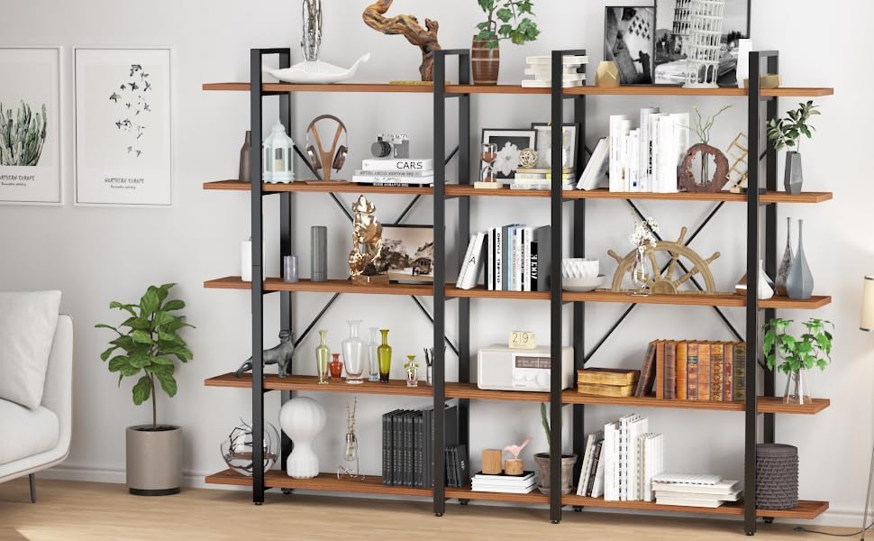 BATHWA Wood and Metal Minimalist 5 Tier Bookshelf, 6 feet Tall Open Rustic Wide Bookcase Industrial Style