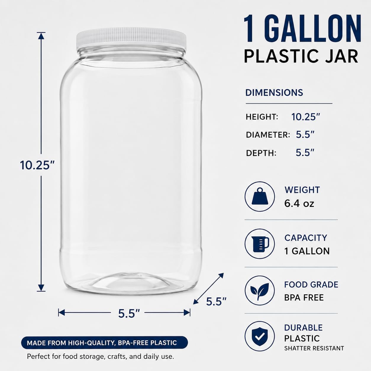 1 Pack - 128 oz (1 Gallon) Plastic Storage Jars with 110-400 Leak Proof Black Lids, Food Grade, BPA Free, Hand Wash Only (128oz, BLK, 1PK)