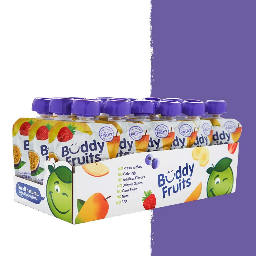 Buddy Fruits Snacks To Go Multifruit Unsweetened Applesauce 3.2oz Pouch (18pk) Gluten-Nut-Dairy-Preservatives-BPA Free, Non GMO, Kosher