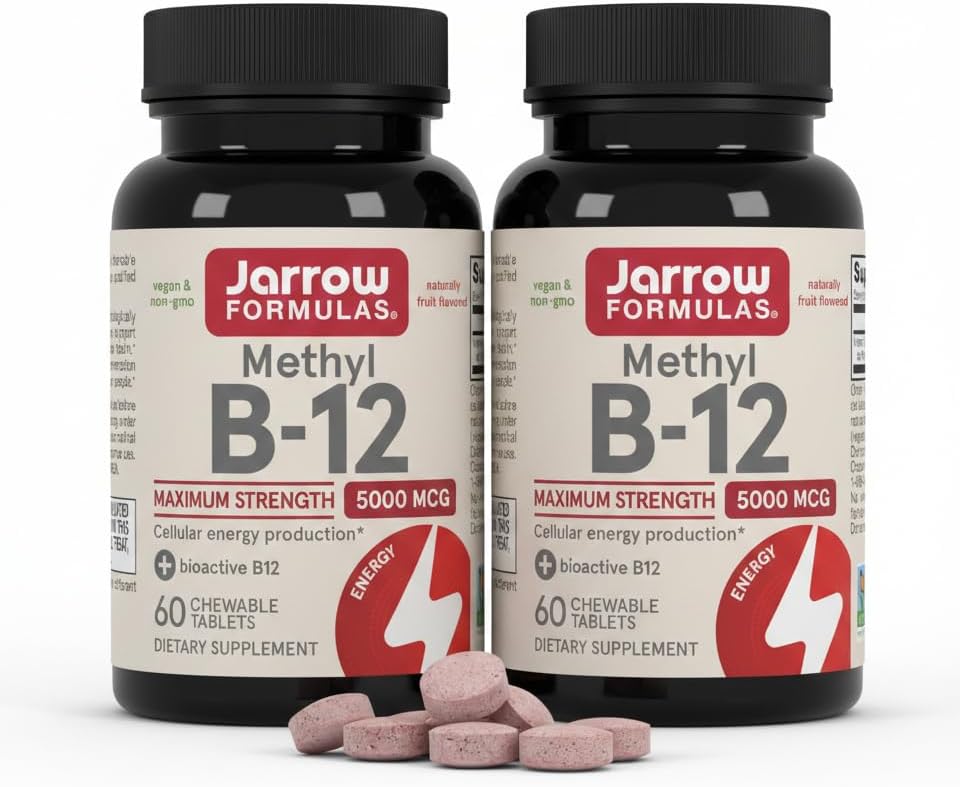 Jarrow Formulas Methyl Vitamin B12 5000 mcg - 60 Chewable Tablets, Naturally Fruit Flavored- Bioactive B12 Vitamin - Supports Cellular Energy Production, Brain Health & Metabolism - 60 Servings | Fruit Flavored, Bioactive B12 Vitamin, Supports Cellular E…