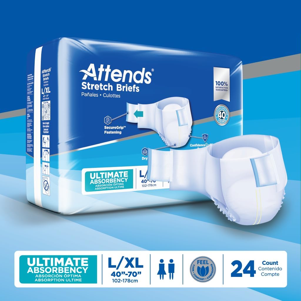 Attends Stretch Adult Incontinence Disposable Briefs, Large/X-Large, 40"-70" Waist with SecureGrip Tab Closure, Ultimate Absorbency with Dry-Lock Containment Core and Breathable Side Panels, 96ct Case