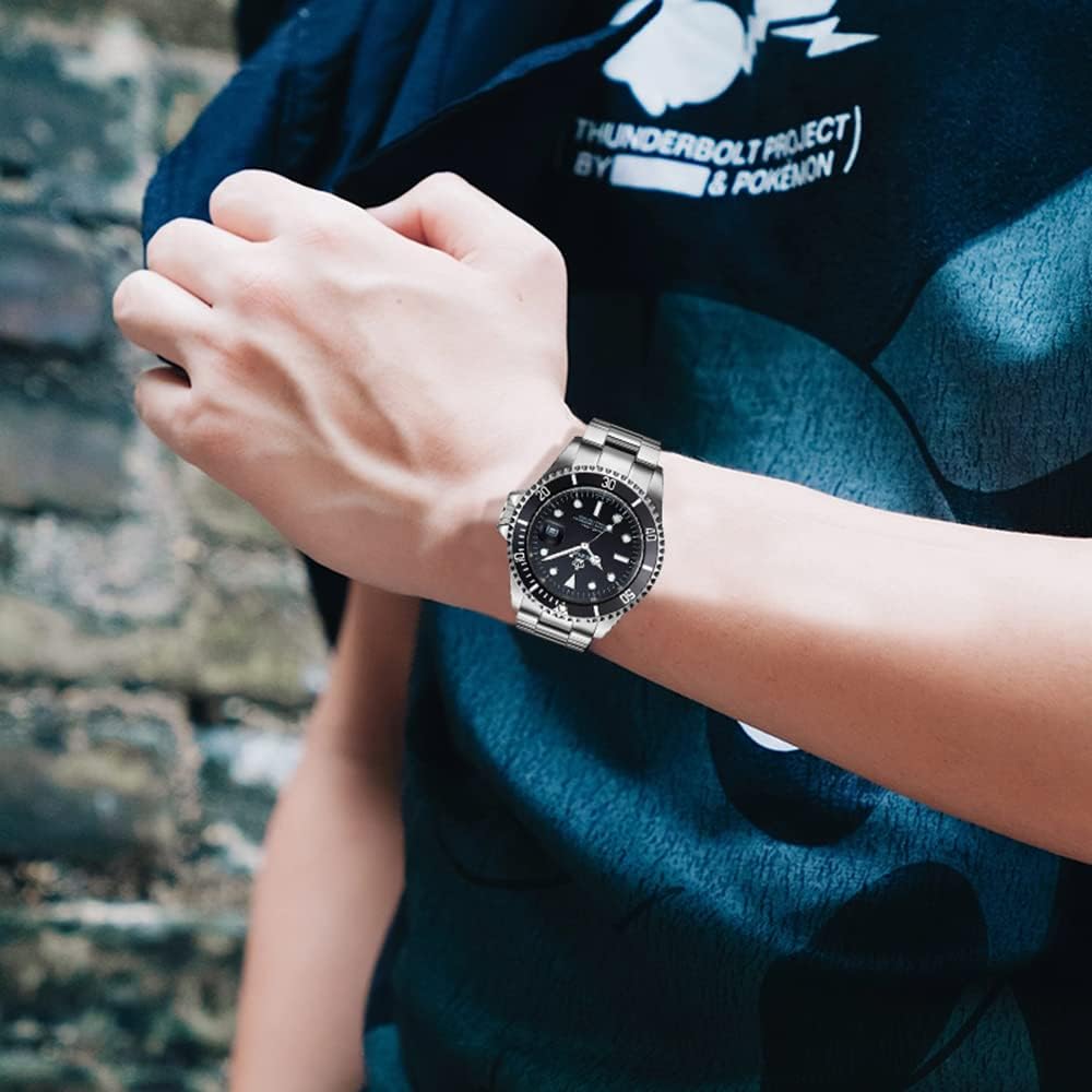 FANMIS Mens Luxury Watches Rotatable Bezel Sapphire Glass Luminous Hand Quartz Silver Tone Stainless Steel Watch