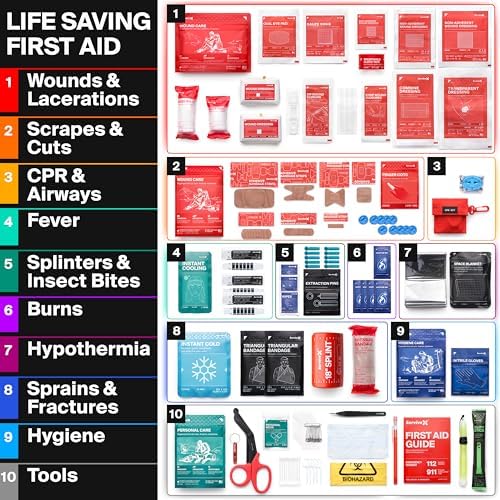 SurviveX Large First Aid Kit, Labeled Pockets, Zip Stitch Wound Closures | Close wounds without stitches, quickly find what you need, first aid emergency kit for car, home, travel, camping, outdoors