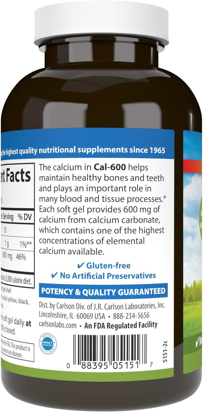 Carlson Cal-600, 600 mg, Calcium, Liquid Filled, 100 Softgels | Bone Support; Healthy Teeth; Optimal Wellness