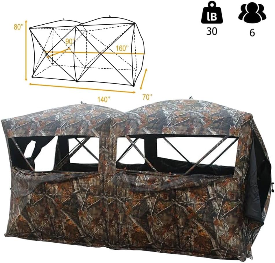 THUNDERBAY Bunkhouse Pop Up Portable 6 Person Side-by-Side Hunting Blind, Footprint: 140"x70" with 80" Height