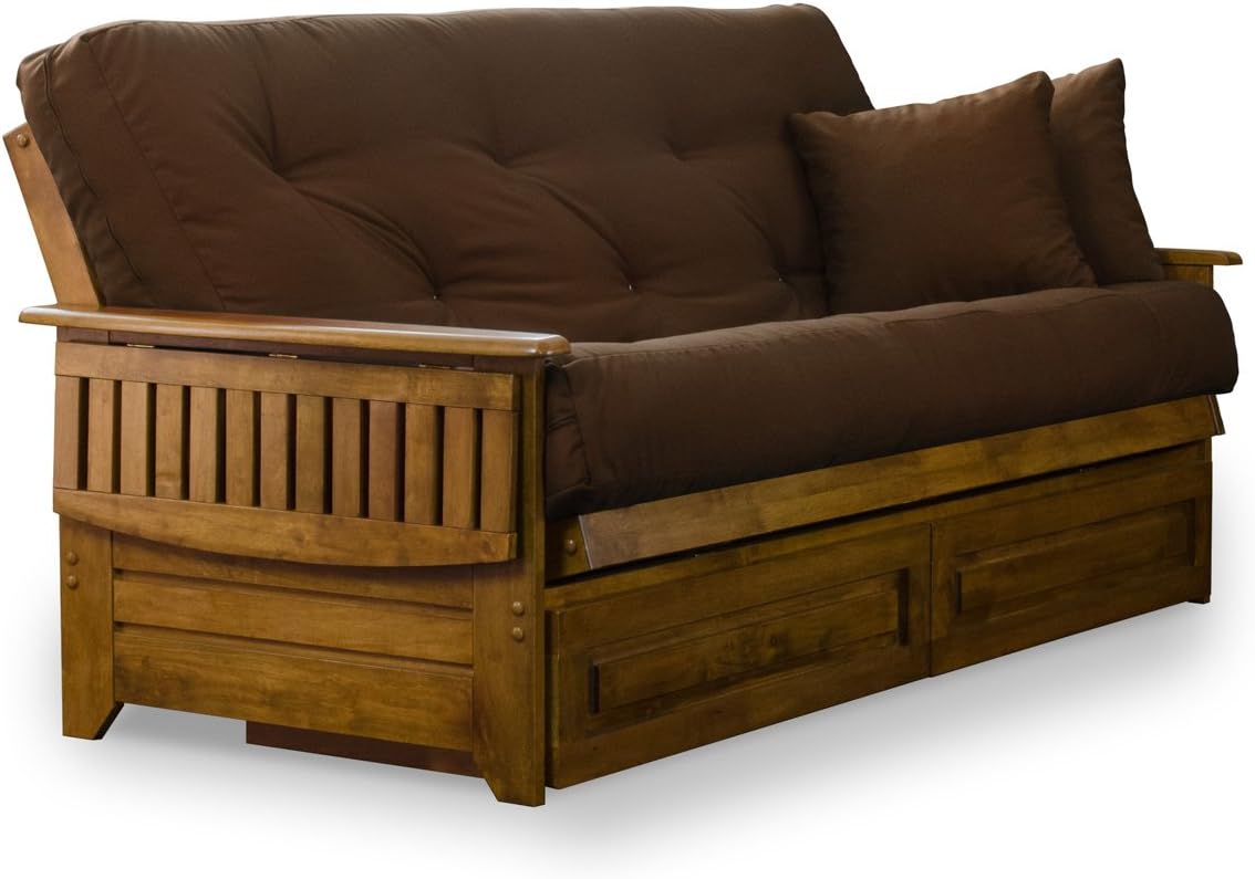 Brentwood Tray Arm Futon Frame, Drawers, and Khaki Mattress Set - Queen, Rich Heritage Finish