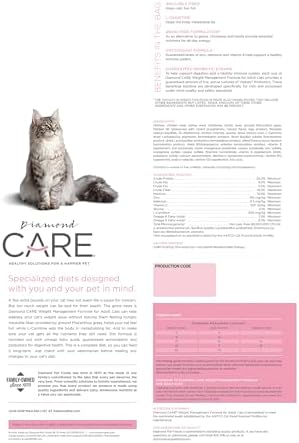 DIAMOND CARE Weight Management Adult Dry Cat Food, Chicken, 15lb | For Cats with Weight Control Issues | L-Carnitine Aids in Fat Metabolism | Taurine for Heart & Eye Health