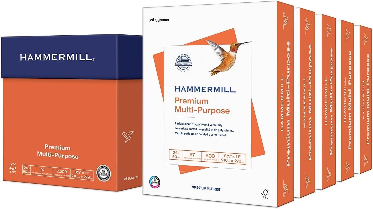 Hammermill Printer Paper, Premium Multipurpose Paper 20 lb, 8.5 x 11-5 Ream (2,500 Sheets) - 97 Bright, Made in the USA, 105910C