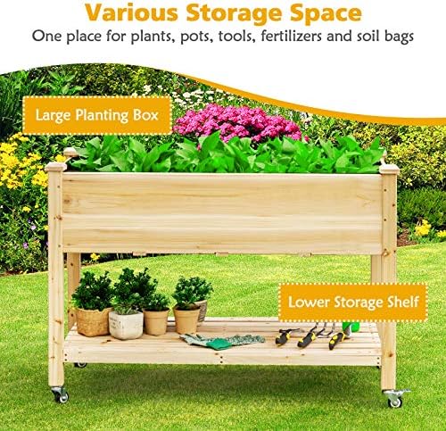 GIANTEX Raised Garden Bed on Wheels, Wood Planter Box with Legs, Liner, Drain Holes, Elevated Garden Bed for Vegetables