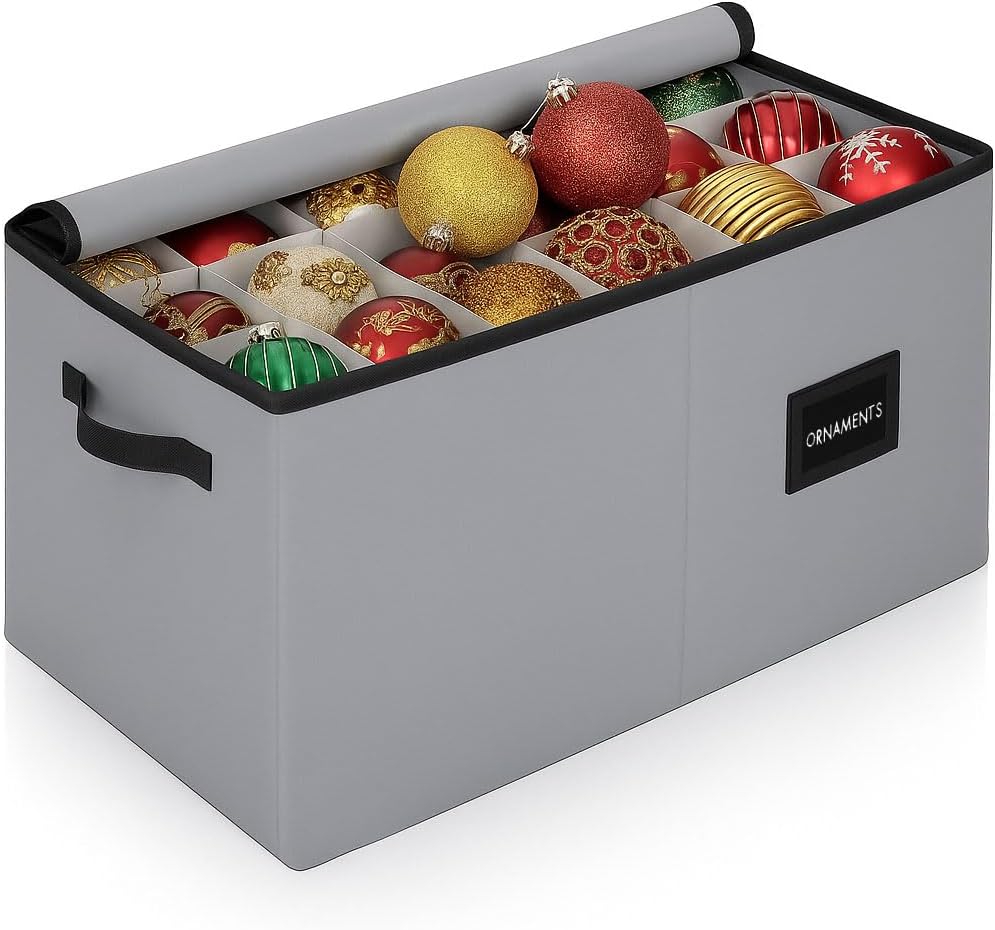 Christmas Ornament Storage Container with Dividers - Box Stores Up to 54 Ornaments, Zippered, Convenient, Adjustable