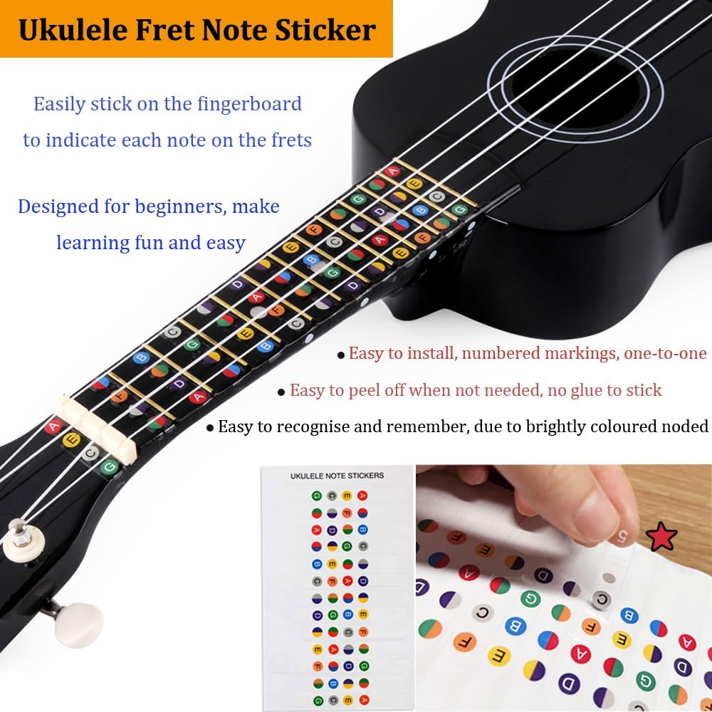 Winzz Soprano Ukulele Starter Kit For Beginners with Bag, Clip-On Tuner, Extra Strings, Strap, Plectrum, Fret Stickers, Chords Card, Polishing Cloth, Black