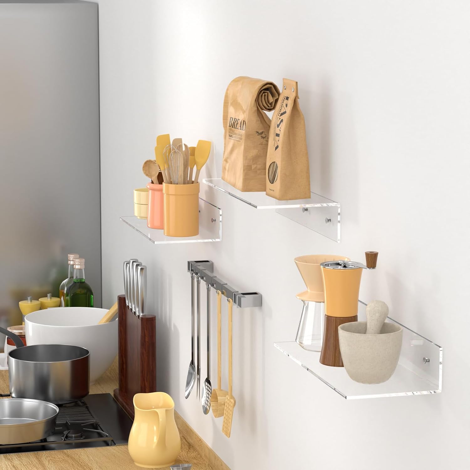 FEMELI 2 PCS 12" Acrylic Floating Shelves, Clear Shelf for Wall Display