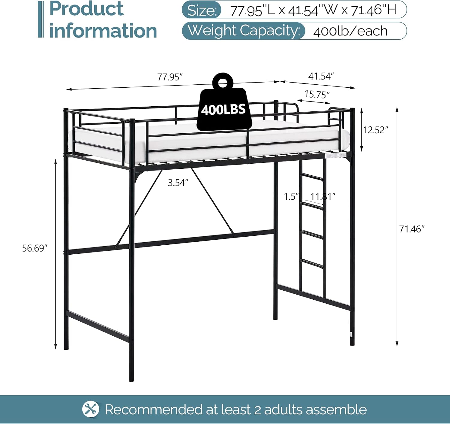 Bonnlo Metal Loft Bed with Stairs and Flat Rung, Junior Loft Bed Twin Size High Loft Bed for Kids/Teens/Adults, No Box Spring Required, Black