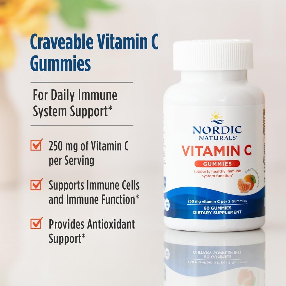 Nordic Naturals Vitamin C Gummies, 250mg Vegan, Tart Tangerine - 60 Count | Supports immune health, antioxidant protection, child growth & development. Tart tangerine flavor gummies for kids & adults