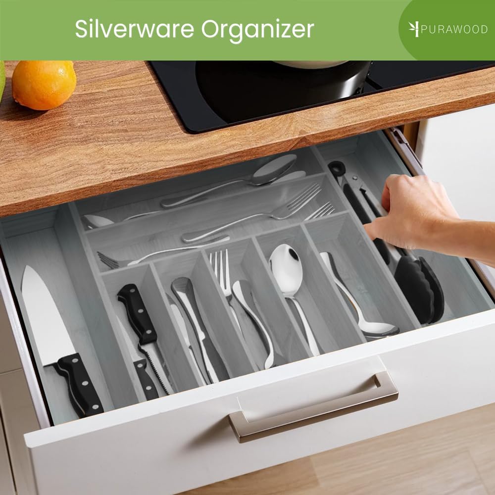 Purawood Kitchen Drawer Organizer - Expandable Utensil Drawer Organizer for Kitchen, Cutlery Tray & Silverware Organizer