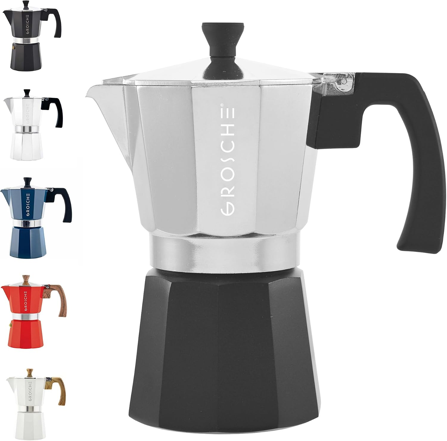 GROSCHE Milano Moka Pot | 9 Espresso Cup - 15.2 oz | Stovetop Espresso Percolator & Coffee Maker – Portable, Ideal for Home and Camping | Cuban Coffee Maker And Italian Moka Pot For Stovetop Espresso; For Gas, Electric, And Propane Stoves With A Soft-Tou…