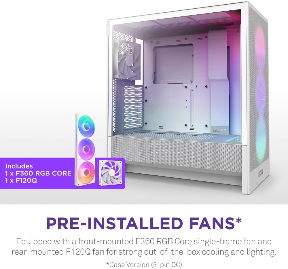 NZXT H5 Flow RGB - Compact ATX Mid-Tower PC Case - White | Compact mid-tower with included F360 RGB Core fans, 360mm radiator support, tempered glass. CAM-ready RGB out of the box.