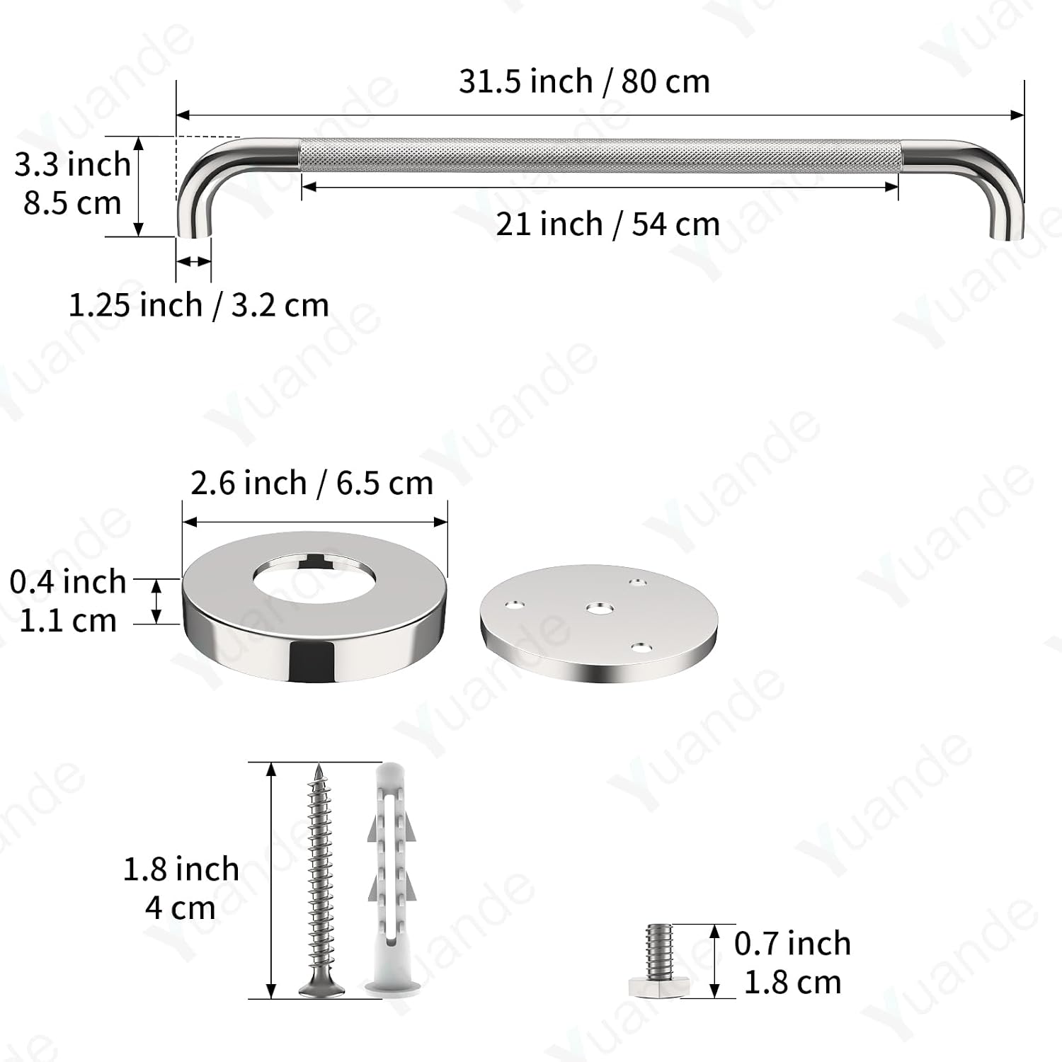 40 Inch Brushed Nickel Shower Grab Bar Anti-Slip Knurled Grip,Safety Handle | YuanDe 1.25" Diameter Stainless Steel Bathroom Grab Bars, Handicap Injury Elderly Senior Assist Support Shower Handle-2Packs