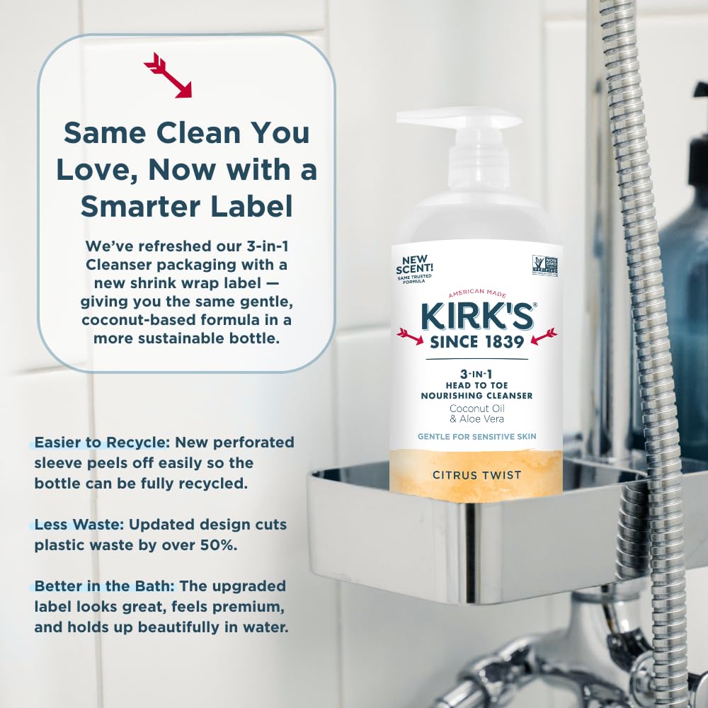 Kirk's Juniper & Lime​ 3-in-1 Nourishing Cleanser, Shampoo Body Wash Bubble Bath, Coconut Oil and Aloe Vera, Vegan Non-GMO, 32 Fl Oz