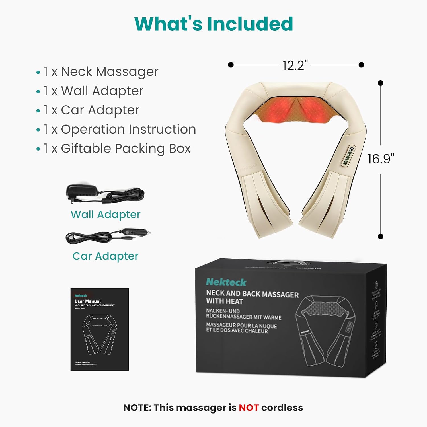 Nekteck Shiatsu Neck Massager with Heat for Pain Relief, NOT Cordless | 2026 Upgraded 3D Back Shoulder Kneading Massage Pillow, 3 Intensity Speeds Deep Tissue, Relaxation Gifts for Men Women, Black